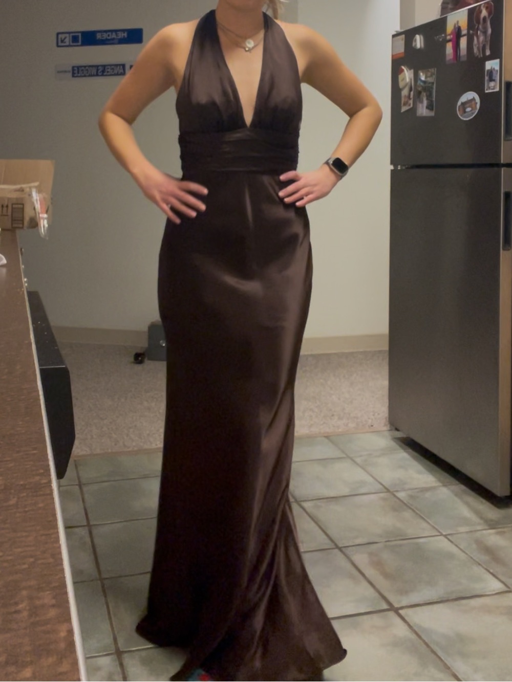 Deep V Halter Satin Prom or Bridesmaid Gown in Chocolate Brown